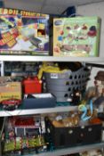 A QUANTITY OF ASSORTED TOYS, to include boxed Chad Valley wooden train set, modern soft toys