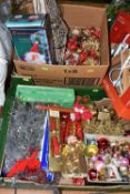 TWO BOXES OF ASSORTED CHRISTMAS DECORATIONS, to include baubles, tinsel, candles, assorted