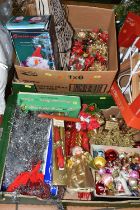 TWO BOXES OF ASSORTED CHRISTMAS DECORATIONS, to include baubles, tinsel, candles, assorted