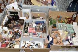 THREE BOXES OF DOLLS HOUSE FURNITURE AND ACCESSORIES, to include a work bench with tools,