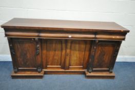 A VICTORIAN MAHOGANY SIDEBOARD, with three drawers, above four cupboard doors, length 181cm x