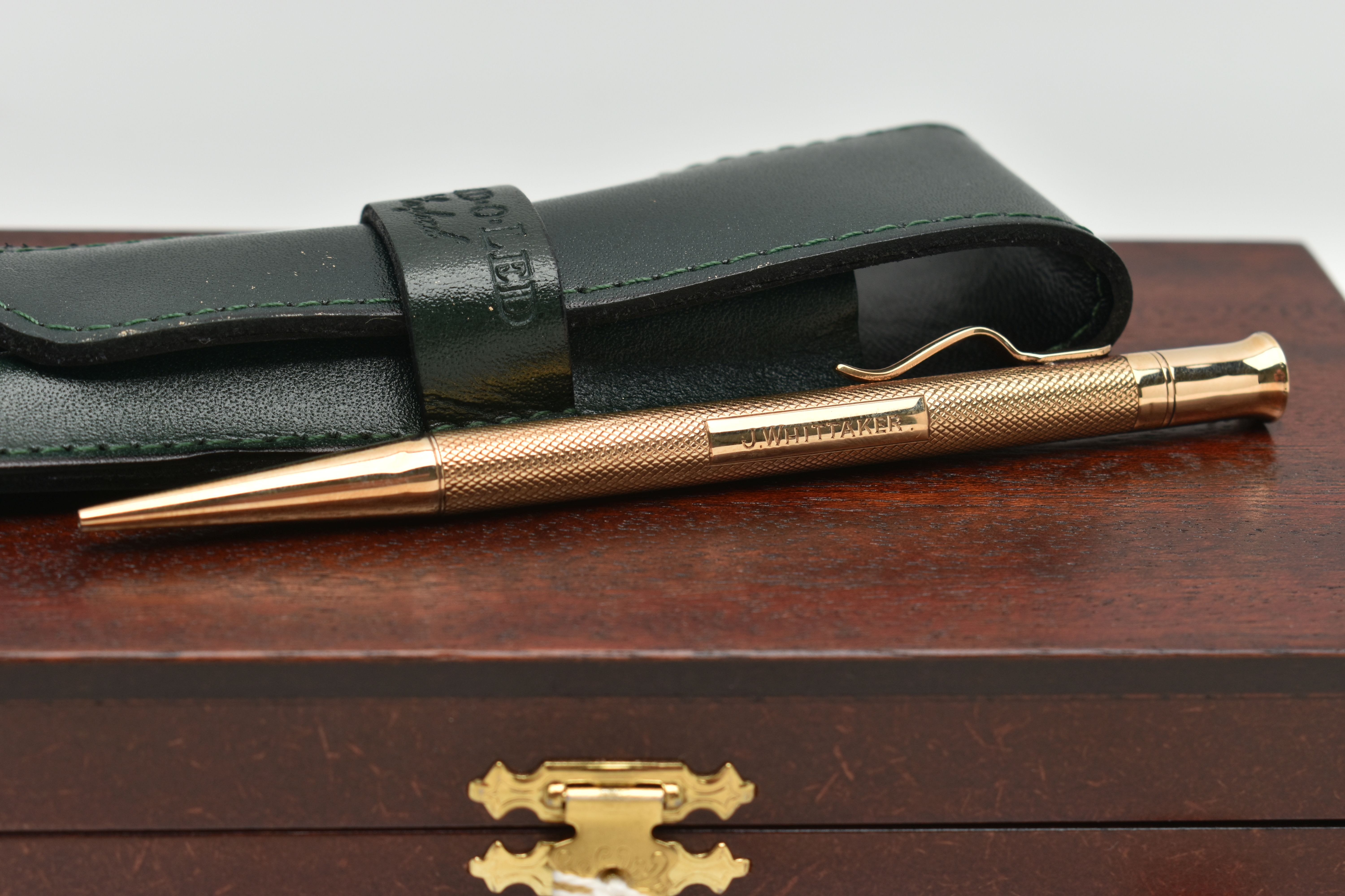 A BOXED 9CT GOLD 'YARD-O-LED' PROPELLING PENCIL, engine turned pattern, personal engraving reads ' - Image 5 of 5