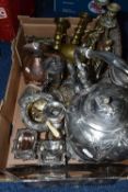 A BOX OF 19TH AND 20TH CENTURY METALWARE, including a set of four Old Sheffield Plate pedestal salts