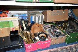 EIGHT BOXES AND LOOSE METALWARES, RECORDS, CDS AND SUNDRY HOMEWARES, to include brass