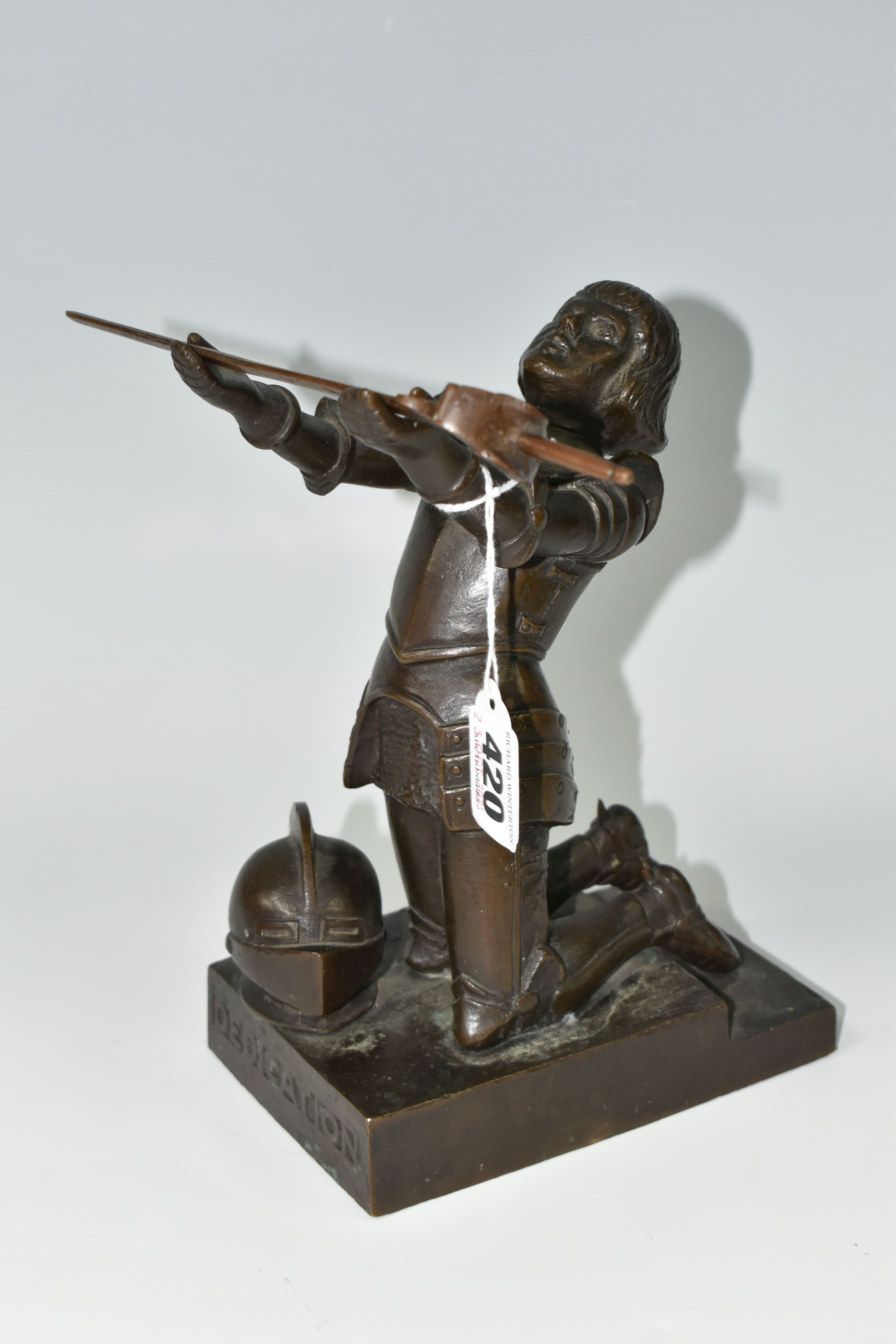 A BRONZE FIGURE OF A KNIGHT, titled Dedication, depicting a kneeling knight holding his sword - Image 2 of 7