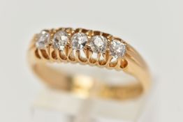 A LATE VICTORIAN FIVE STONE DIAMOND RING, set with five old cut diamonds, each claw set, total