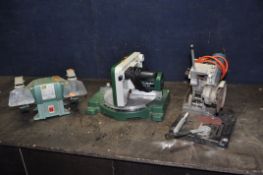 THREE POWER TOOLS including a Black and Decker angle grinder on stand, a Toledo Mitre saw and a