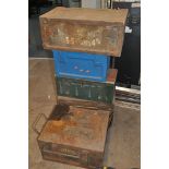 A COLLECTION OF FIVE VINTAGE METAL AMMO BOXES, of various sizes including one with 5.5 C Arts 4th