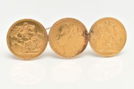 A TRIPLE FULL SOVEREIGN MOUNTED BROOCH, mounted with two late Victorian full sovereigns dated 1880