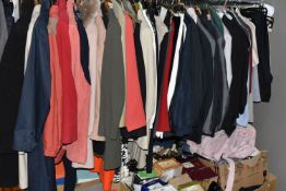 SEVEN BOXES AND LOOSE LADIES' AND MEN'S CLOTHING AND ACCESSORIES, to include coats, jackets,