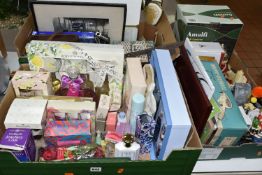 THREE BOXES OF COSMETICS AND SUNDRY MODERN AND VINTAGE HOMEWARES, to include a boxed partial Ghost