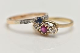 TWO 9CT GOLD GEM SET RINGS, the first set with a central, circular cut blue sapphire, to the
