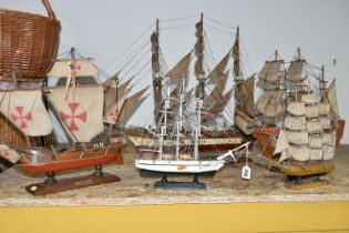 FIVE MODEL SAILING SHIPS, comprising Clipper Siglo XIX, height 60cm x width 84cm, Mayflower, La