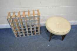 A MID CENTURY G PLAN FRESCO DRESSING STOOL, along with a metal and wooden wine rack, with 36