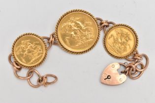 A SOVEREIGN BRACELET, centring on a late Victorian double sovereign dated 1887, collet set within