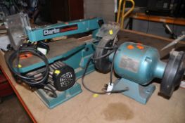 A CLARKE CSS400 SCROLL SAW with 40cm throat and a Clarke CBG-6RSB bench grinder (both PAT pass and
