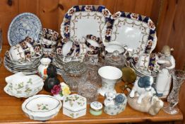 A GROUP OF ROYAL ALBION IMARI PATTERN TEA WARE, LLADRO NAO FIGURES AND GLASSWARE, comprising two