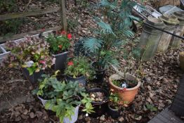 A SELECTION OF GARDEN PLANT POTS, to include four composite pots, and five plastic pots, all