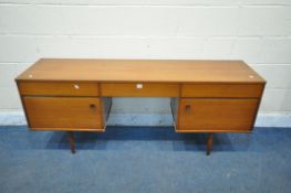 A MID CENTURY TEAK DESK, with three drawers and two cupboard doors, length 163cm x depth 43cm x