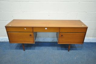 A MID CENTURY TEAK DESK, with three drawers and two cupboard doors, length 163cm x depth 43cm x