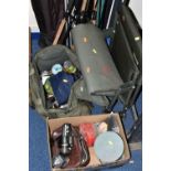 A QUANTITY OF FISHING EQUIPMENT, RODS AND NETS, comprising a Wychwood Signature adjustable chair,