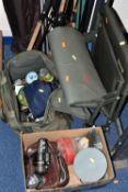 A QUANTITY OF FISHING EQUIPMENT, RODS AND NETS, comprising a Wychwood Signature adjustable chair,