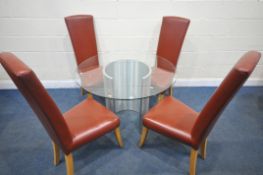 A CIRCULAR GLASS TABLE, diameter 100cm x height 75cm, along with four red leather dining chairs (