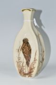A MARTIN BROTHERS STONEWARE BIRD VASE OF FLATTENED AND LOBED OVAL BALUSTER FORM, the buff ground