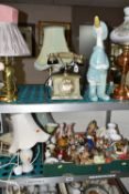TABLE LAMPS, ORNAMENTS AND TELEPHONE ETC, to include a copper and brass oil lamp with shade and