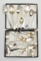 A SET OF SIX VICTORIAN OLD ENGLISH PATTERN DESSERT FORKS AND SPOONS, makers Robert Stebbing,