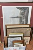 A SMALL QUANTITY OF PICTURES AND PRINTS ETC, to include six Boris O'Klein signed etchings - three