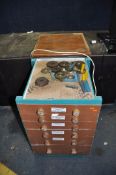 A WOODEN CHEST OF SIX DRAWERS, containing milling and lathe cutters, measuring equipment,