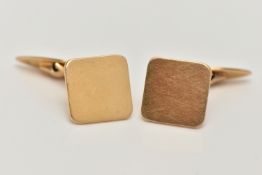 A PAIR OF YELLOW METAL CUFFLINKS, polished square form, whale back fittings, stamped 18k Swiss