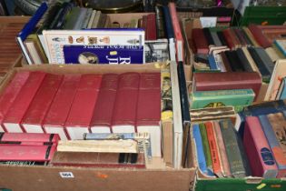 FIVE BOXES OF BOOKS containing approximately 145 miscellaneous titles, mostly in hardback format,