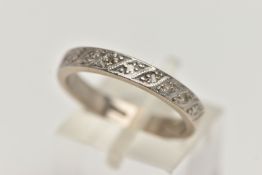 A WHITE METAL DIAMOND HALF ETERNITY RING, set with a row of single cut diamonds, to a polished band,