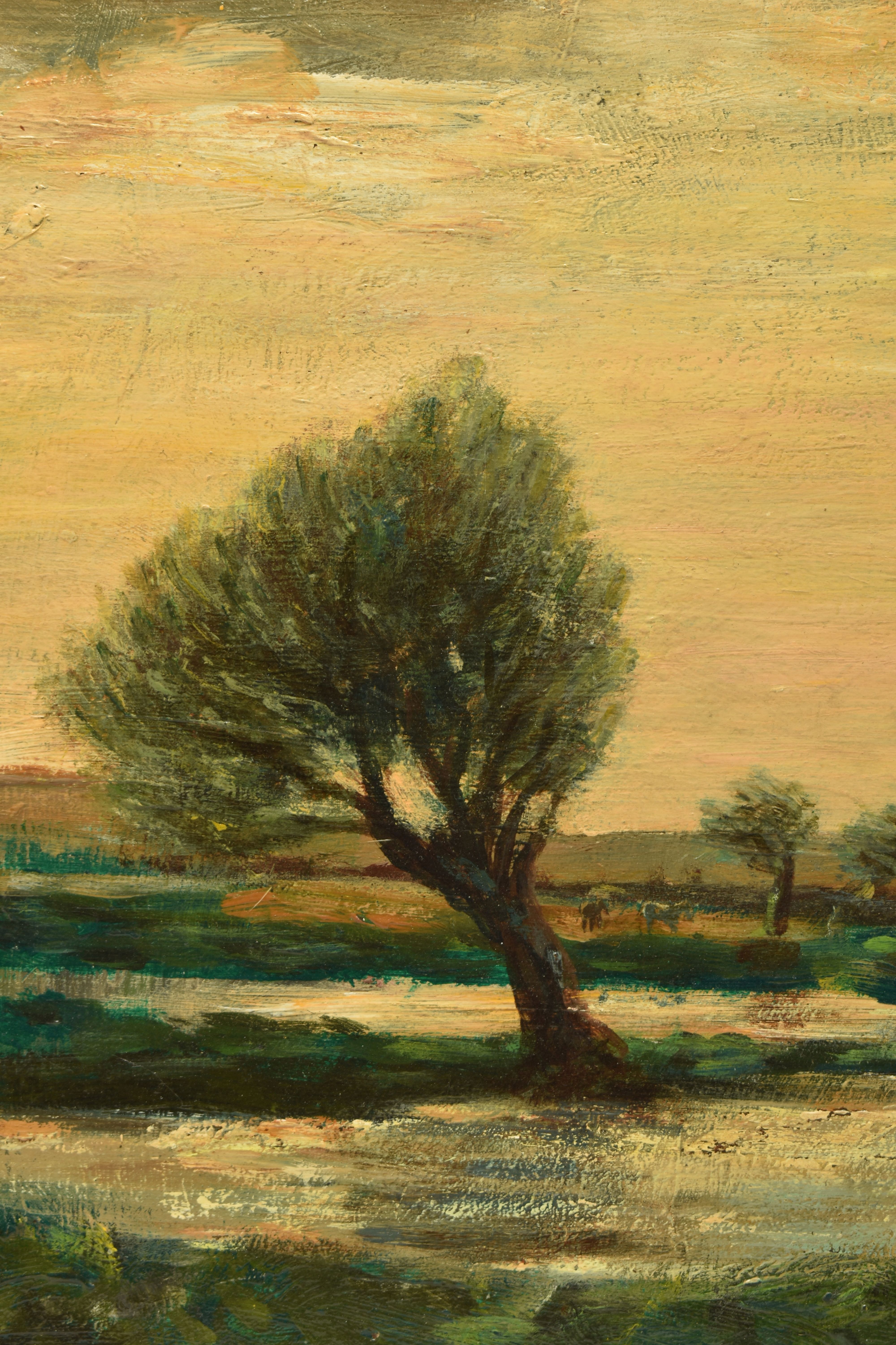 ARTHUR A. FRIEDENSON (BRITISH 1872-1955) WINDSWEPT TREES BESIDE A LAKE, a sunset landscape, signed - Image 4 of 6