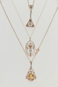 TWO EARLY 20TH CENTURY NECKLACES AND A 9CT GOLD NECKLACE, the first an art deco rose metal and