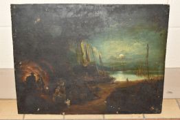 A 19TH CENTURY MOONLIT COASTAL SCENE, depicting a ship and tenders on the shoreline, figures are