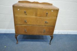 A 20TH CENTURY OAK CHEST OF TWO SHORT OVER TWO LONG DRAWERS, on cabriole legs, width 92cm x depth