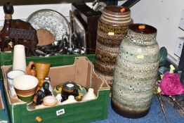 TWO BOXES AND LOOSE CERAMICS, METAL WARES AND SUNDRY ITEMS, to include two West German pottery floor