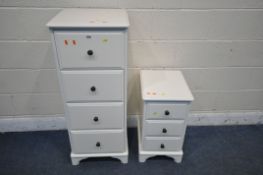 A MODERN WHITE PAINTED PINE CHEST OF FOUR DRAWERS, width 44cm x depth 42cm x height 108cm, along
