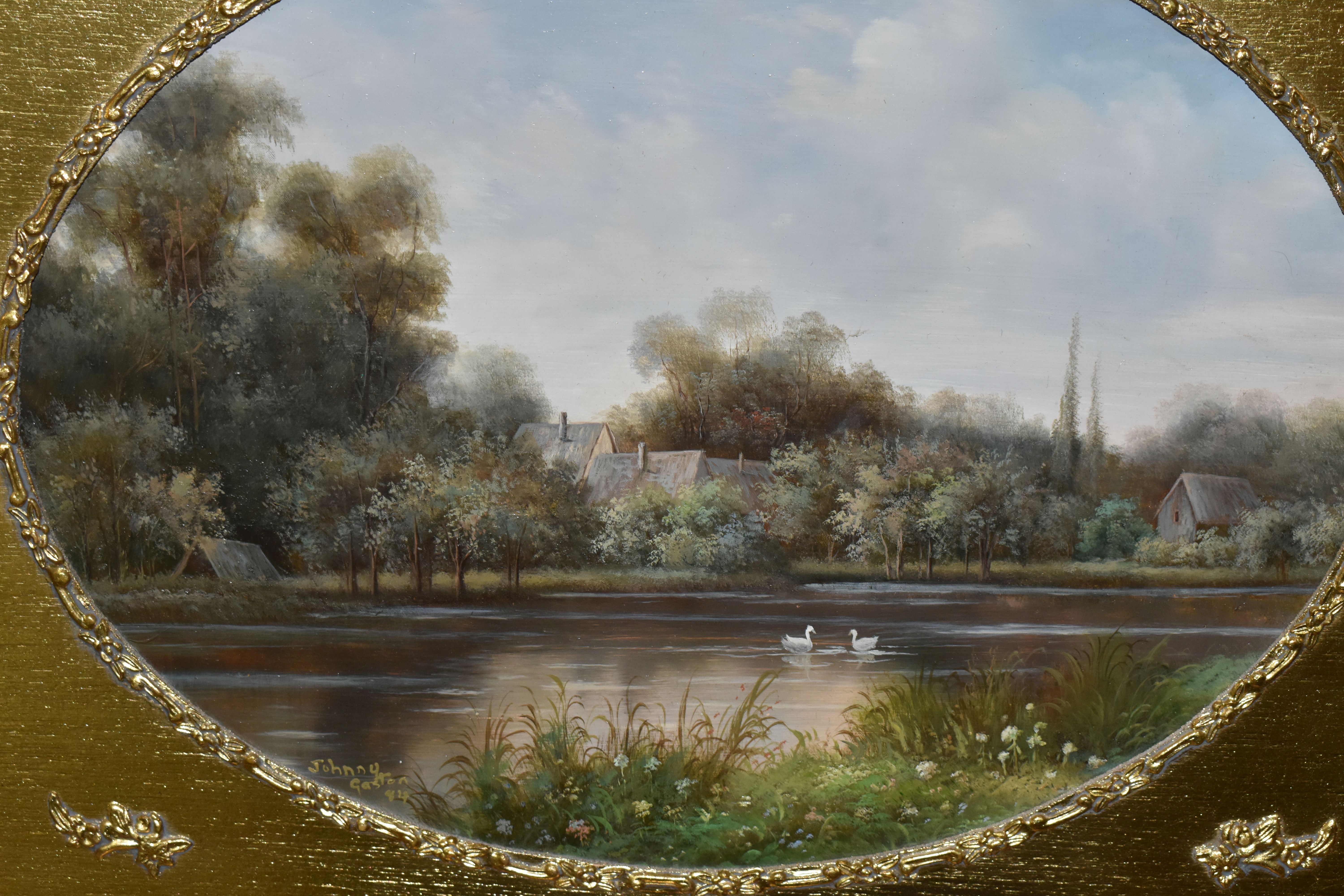 JOHNNY GASTON (BRITISH 1955) A MODERN 19TH CENTURY STYLE RIVER LANDSCAPE, depicting a village behind - Image 2 of 4