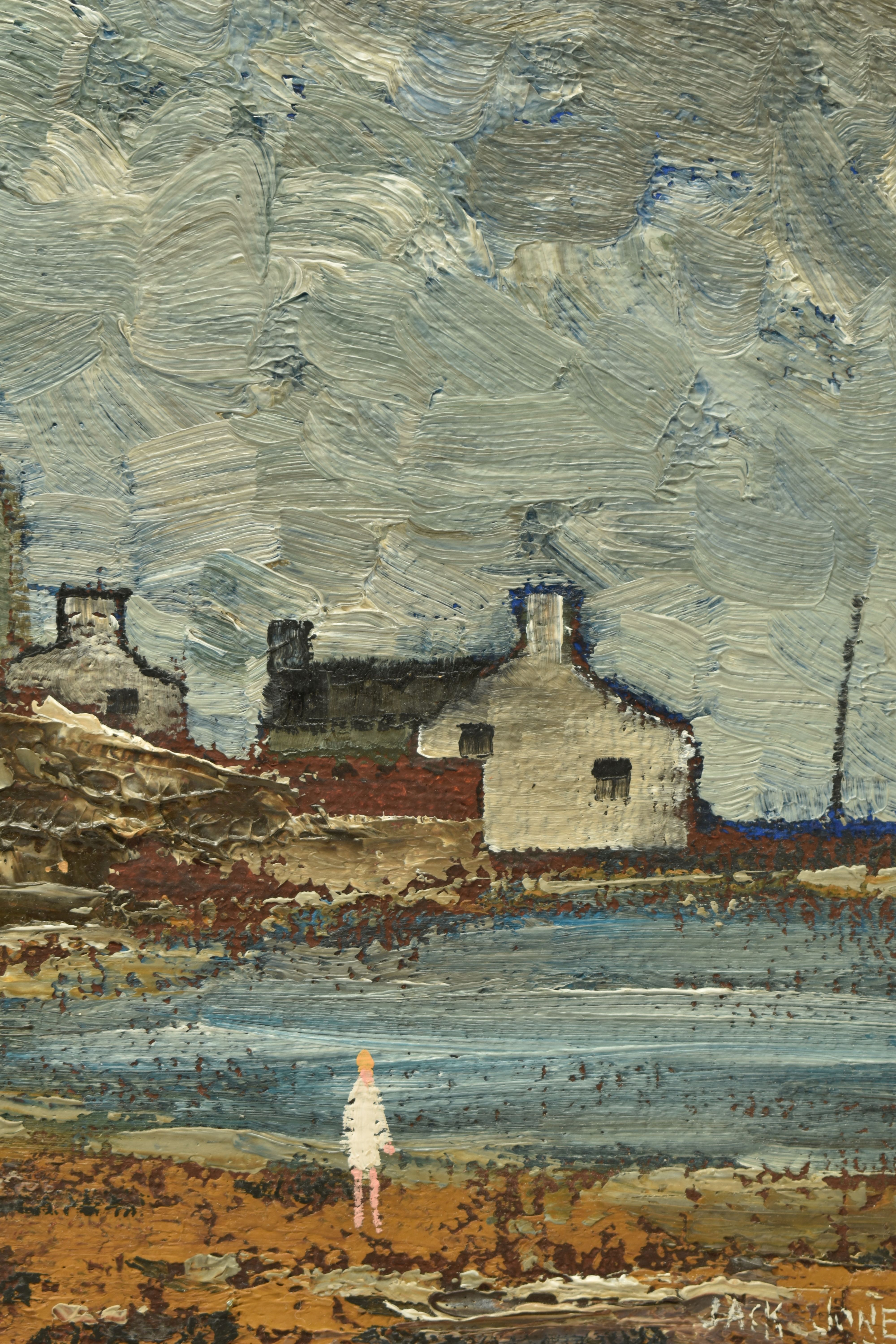 JACK JONES (WALES 1922-1993) 'NORTH WALES COAST SCENE', a coastal landscape with three figures on - Image 4 of 6