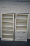 TWO WHITE PAINTED OPEN BOOKCASES, one with two cupboard doors to bottom section, largest width