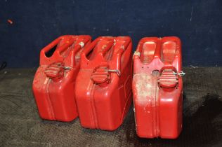 THREE MODERN 10 LITRE FUEL CANS