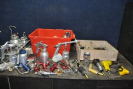 TWO TRAYS CONTAINING PNEUMATIC TOOLS including Binks, Binks and Burrows spray guns, cut off saws,