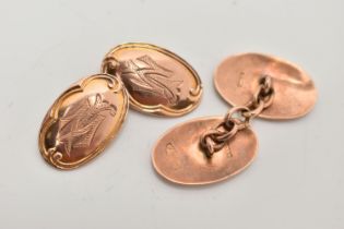 A PAIR OF 9CT ROSE GOLD CUFFLINKS, oval cufflinks engraved with initials, between chain links,