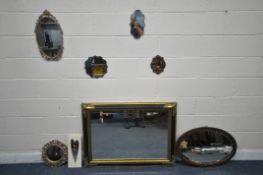 A SELECTION OF VARIOUS MIRRORS, to include a gilt and ebonised rectangular bevelled edge wall mirror