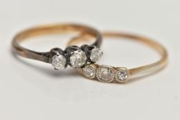 TWO THREE STONE DIAMOND RINGS, the first an old cut diamond and two single stone diamonds, bezel set