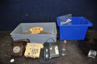 TWO TRAYS CONTAINING VINTAGE COLLECTABLES including six BT phones , taps and bathroom hardware etc